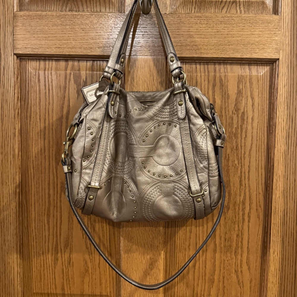 Coach Alex Studded Op-Art Metallic Leather Satchel 15276